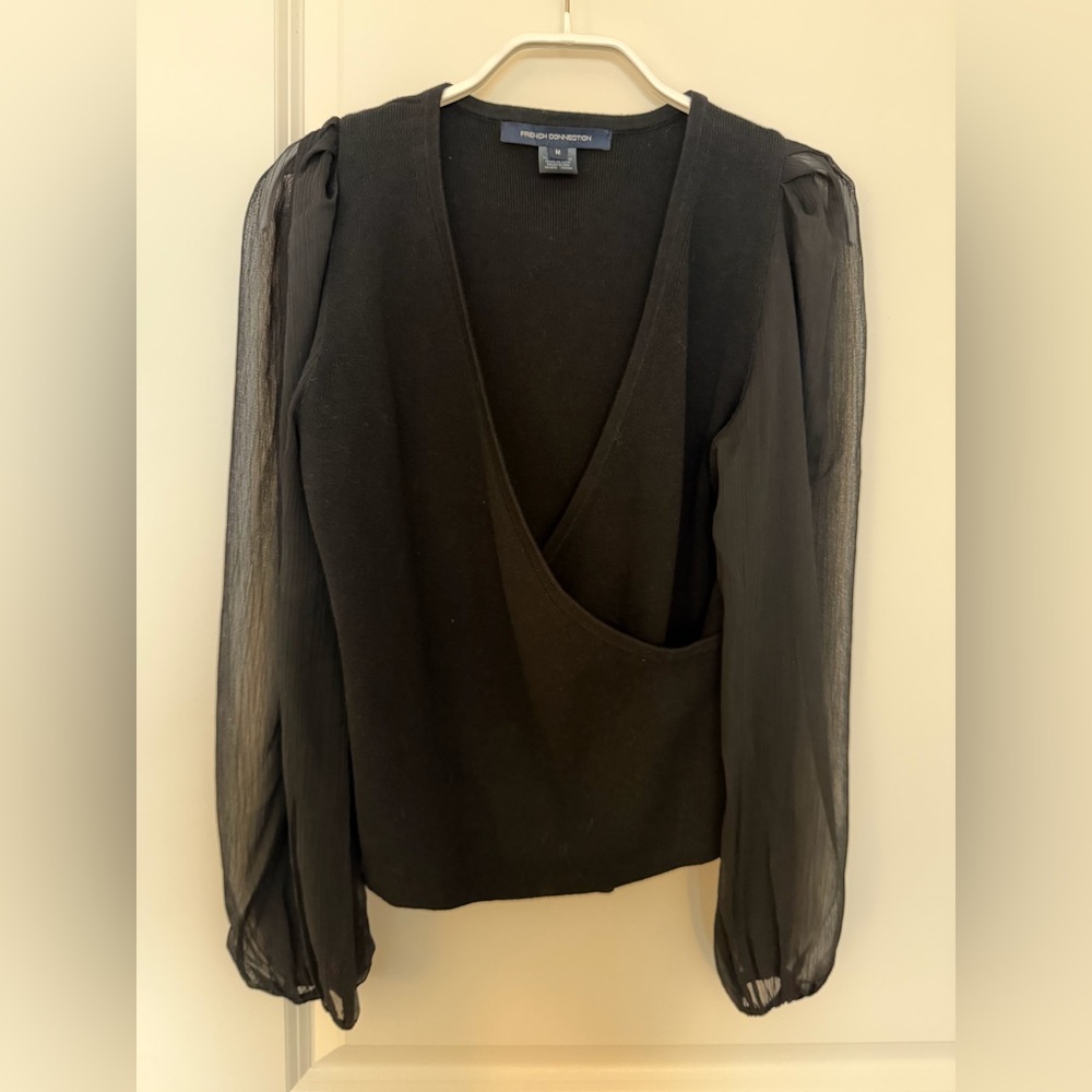 French Connection Black V-Neck Blouse with Sheer Sleeves